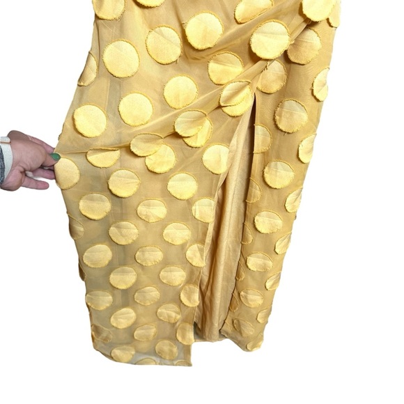 ASOS Thin Straps High Thigh Slit Cowl Neck Pale Yellow Textured Circle Dress - Picture 12 of 16